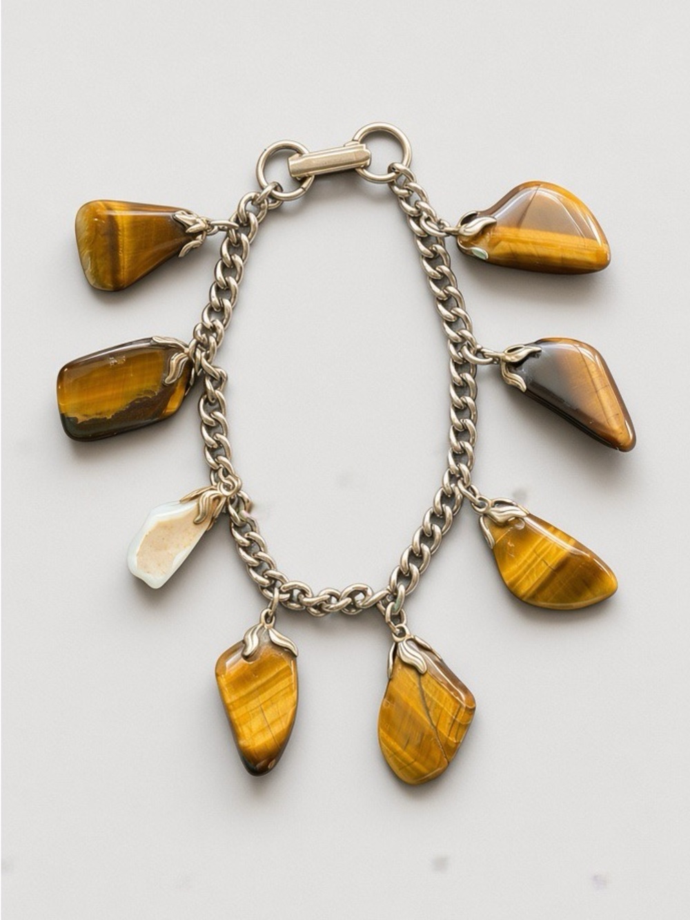 ReMixed Handmade Vintage Tiger’s Eye & Gypsum Boho Charm Bracelet | Size 7.5 IN
